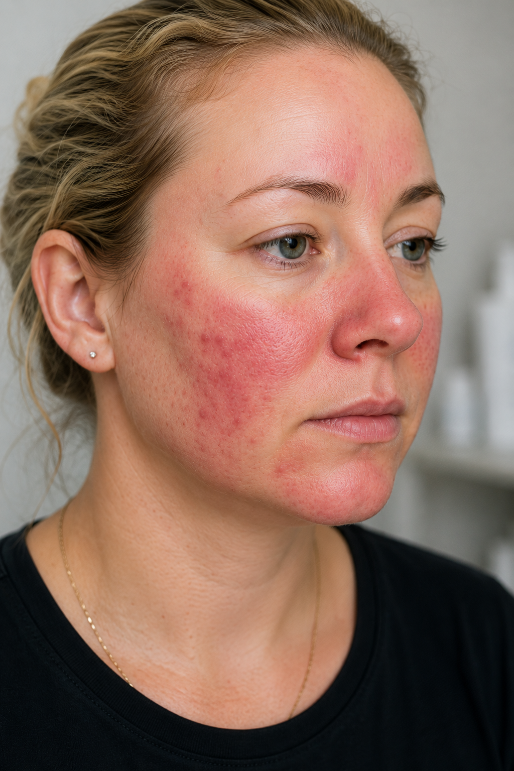 Client with facial redness and rosacea-prone skin