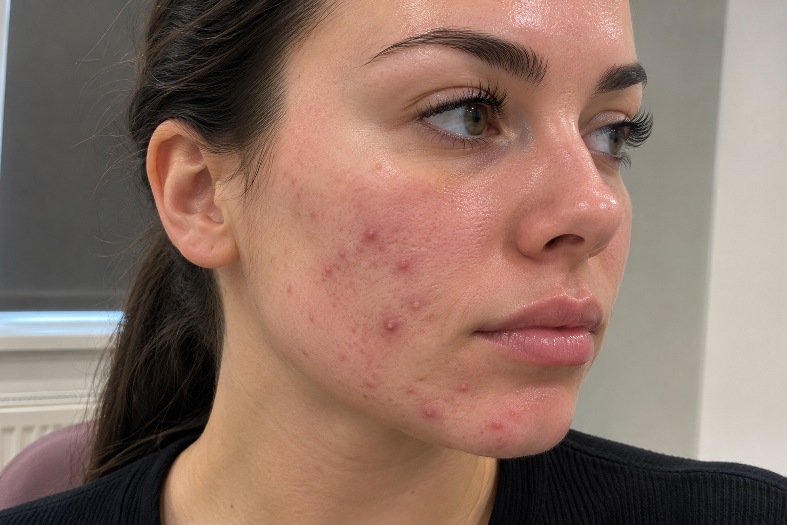 Client with hormonal acne affecting the lower cheek and jawline